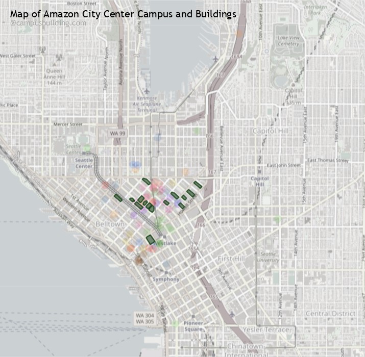 Amazon City Center campus buildings map